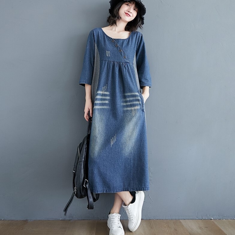 ワンピース デニムワンピース ミモレ丈 ロング丈 五分袖 七分袖 ラウンドネック フレア ストレート 切り替え デニム かわいい 大人可愛い シンプル カジュアル 大人 おしゃれ レトロ 大人女子