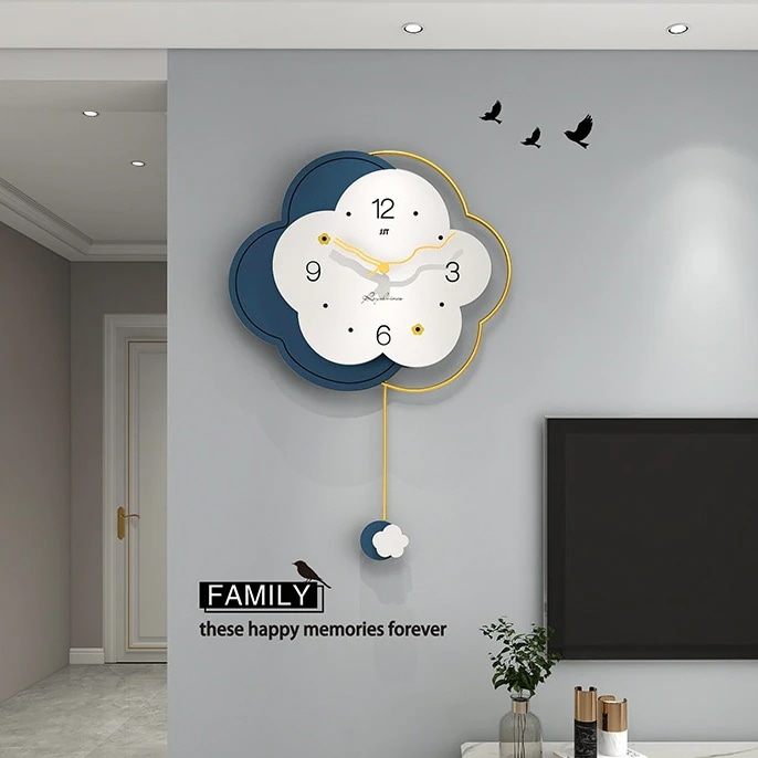 花 フラワー ホワイト ネイビー クロック 掛け時計 見やすい文字盤 リビング おしゃれ インテリア 静か アナログ時計 振り子時計 電池式 静音設計