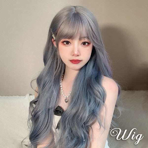 【小顔効果】ウィッグ レディース フルウィッグ ロング 巻き髪 グレー×ブルー ぱっつん前髪 前髪あり 韓国 可愛い 韓国 ウィッグ コスプレ かつら ハロウィン コスプレ かわいい 大人用 コスプレ