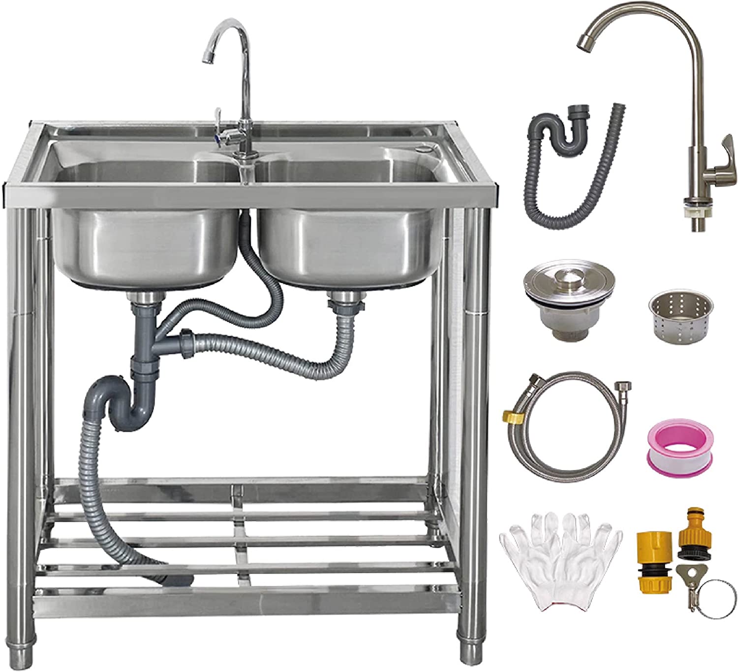 ステンレス 簡易 流し台 二槽式 ガーデンシンク 屋外 RC-W80 約幅80奥行45高さ80cm シンク お手入れ簡単 深型シンク アウトドア ペットシャンプ