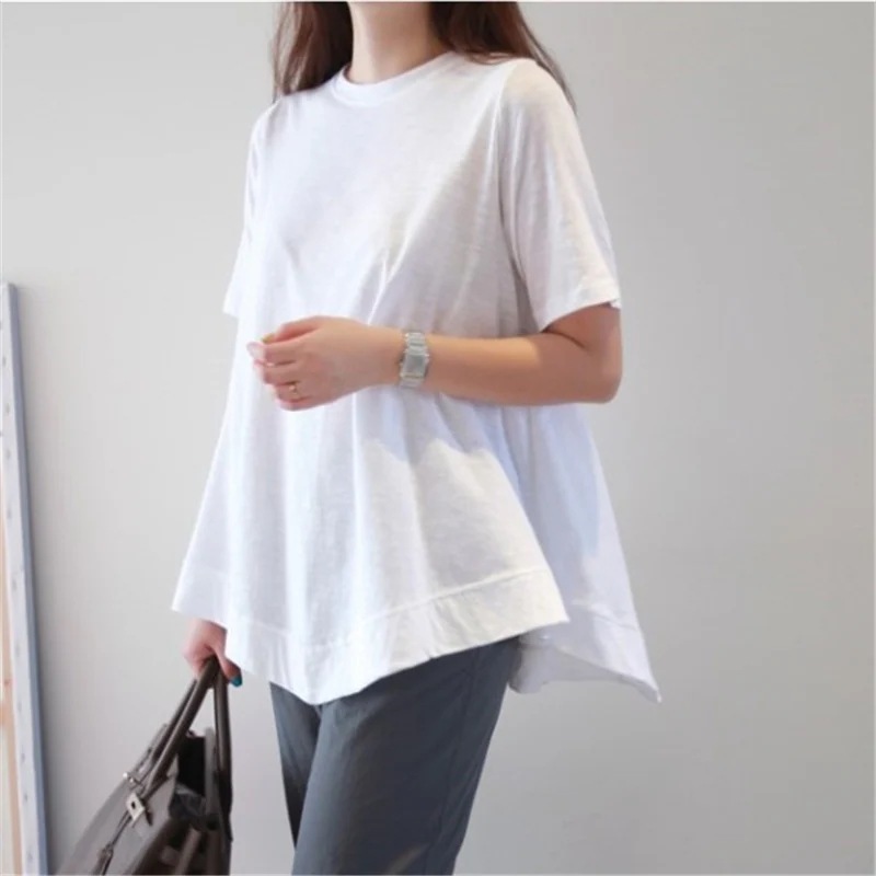 カットソー レディース 5分袖 半袖 ラウンドネック クルーネック セミフレア アシンメトリー 薄手 大人可愛い きれいめ シンプル カジュアル メンズライク 春 夏 デート お出かけ XL 大きい