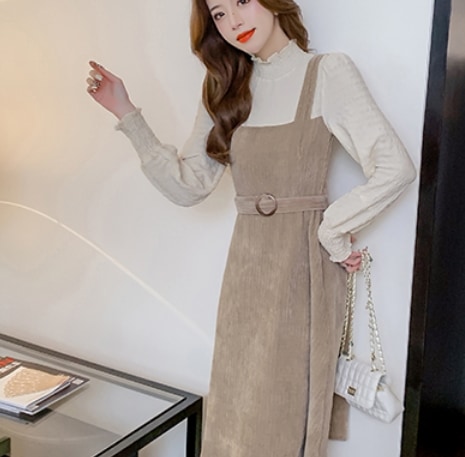 ジャンバースカート風ワンピース ワンピース ミモレ丈 長袖 ハイネック タートルネック フレア