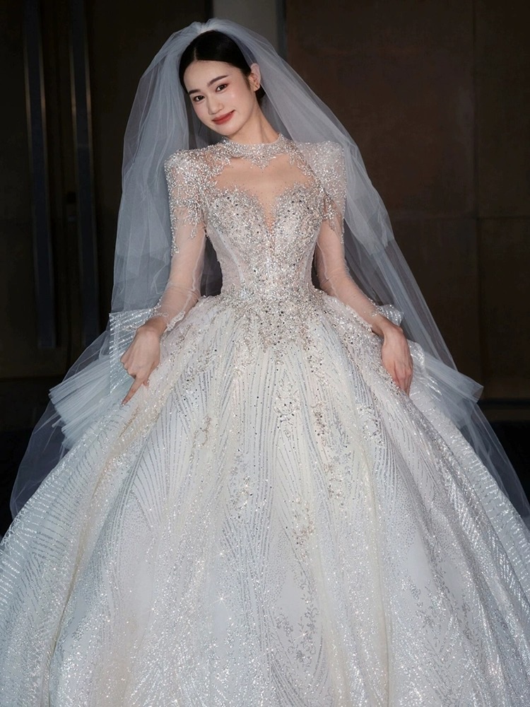 フランス重工業長袖ウェディングドレス2024ブライダルメインヤーンハイエンドテクスチャーファットmmプラスサイズ妊婦ドレス