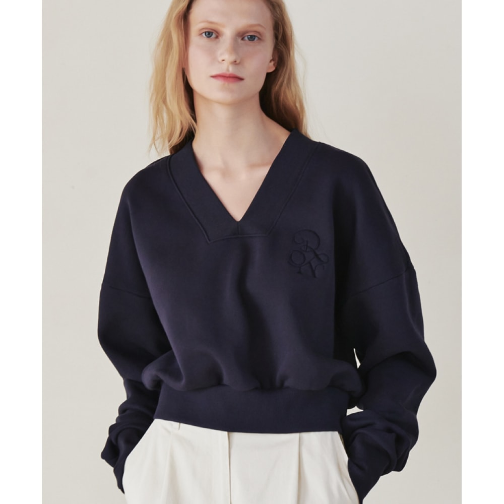 ロンロン ボールドリブVネックスウェットシャツ ネイビー