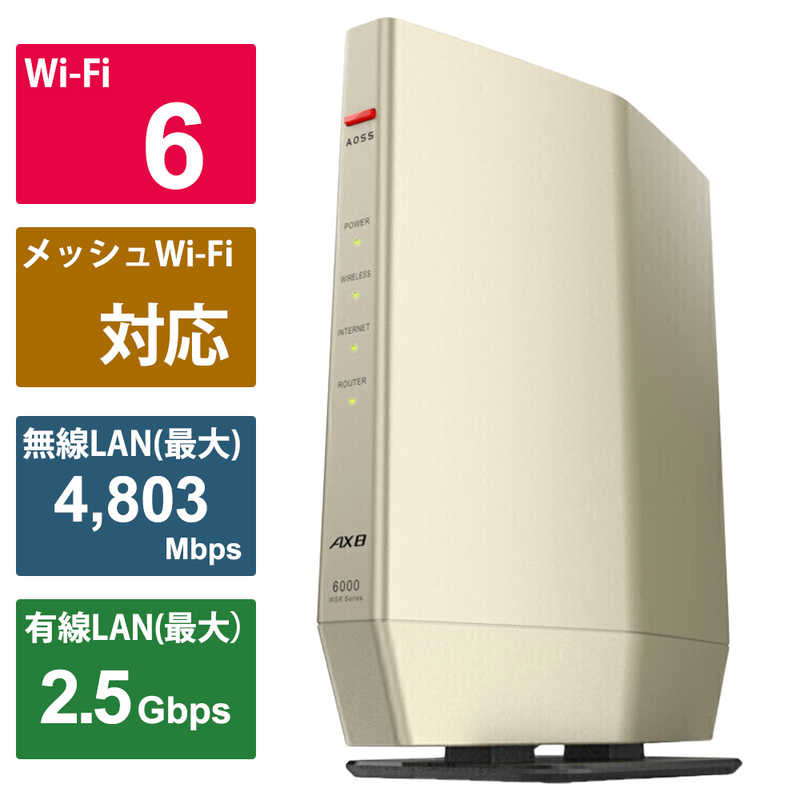 BUFFALO　Wi-Fiルーター 4803＋1146Mbps AirStation(ネット脅威ブロッカー2対応・プレミアムモデル) シャンパンゴールド　WSR-6000AX8P-CG
