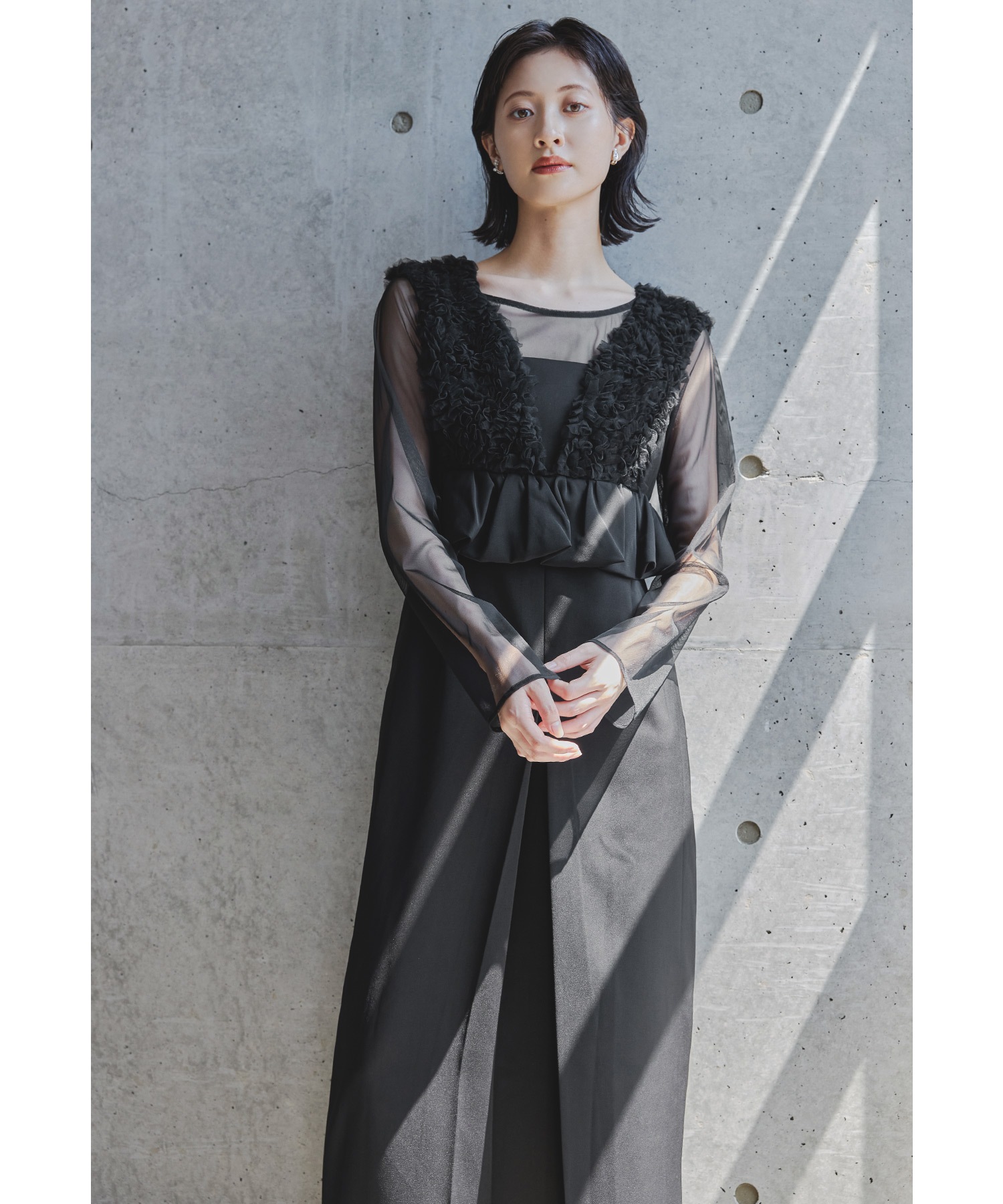 チュールフリルペプラムドレス パーティードレス 結婚式 ワンピース Vネック Iライン シアー ブラウス 2点セット 長袖 ロング丈 お呼ばれ パーティー 二次会 披露宴 謝恩会 成人式 同窓会