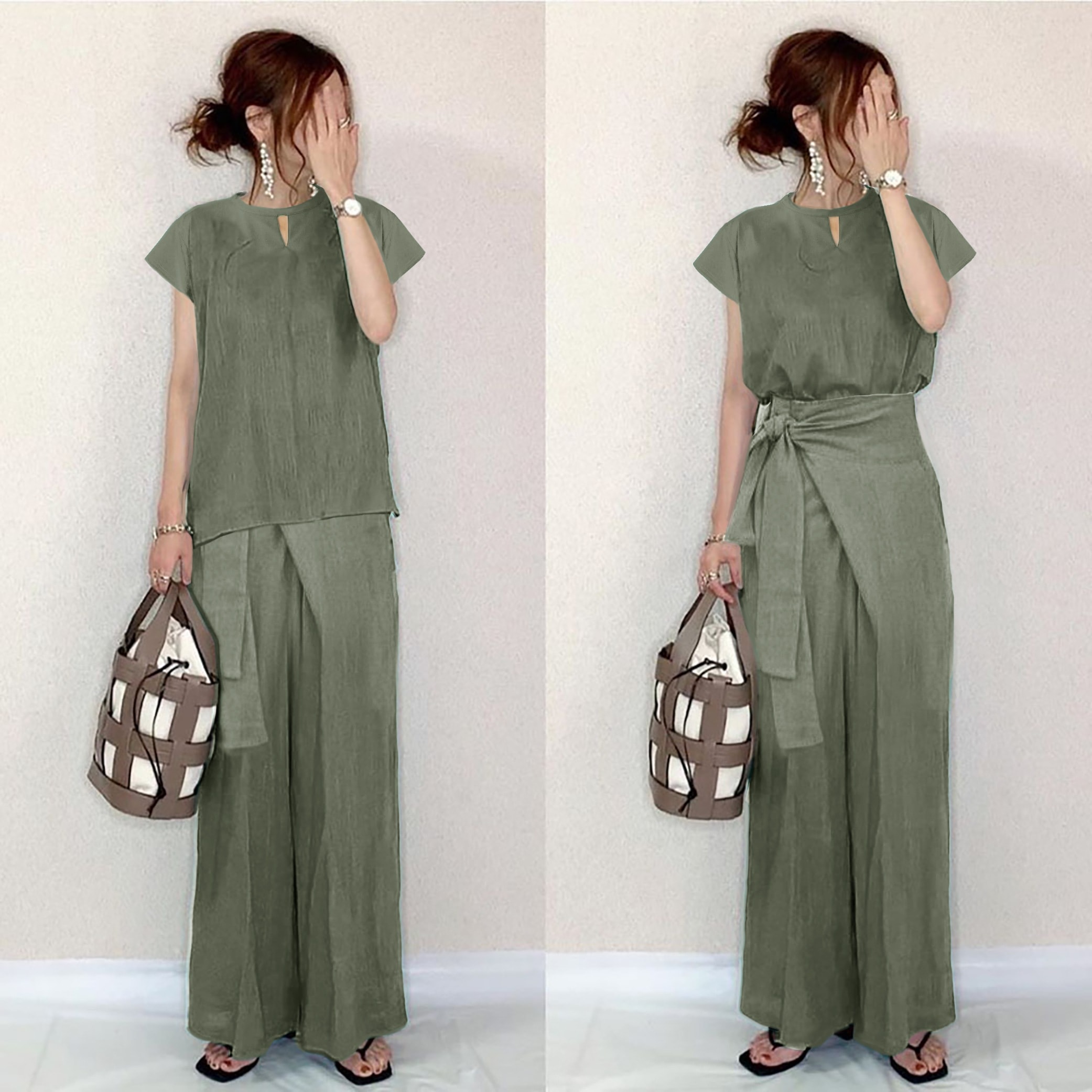 【SNSで話題沸騰】 半袖 ラウンドネック プルオーバー Ｔシャツ ボウタイ ハイウエスト カジュアルパンツ セットアップ 2点セット