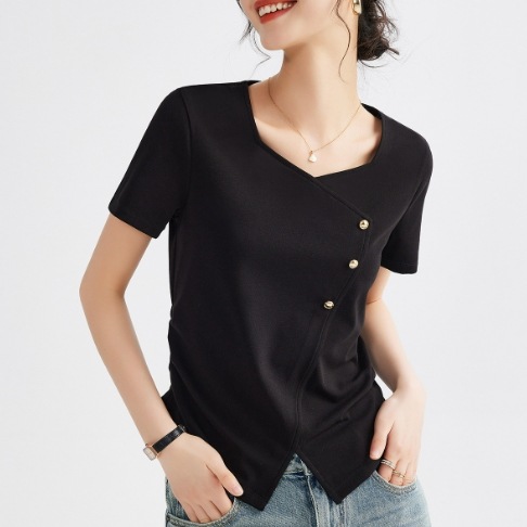 レディース トップス Tシャツ 普通丈 半袖 袖あり スクエアネック 襟なし スリム 細身 大人可愛い きれいめ シンプル 上品 おしゃれ レトロ こなれ感 都会的 無地 夏 秋 20代 30代