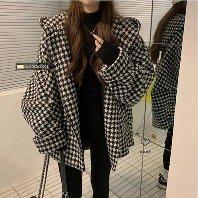 古着 イブルースクラブ チェスターコート レディース 黒 白 千鳥格子柄 42号 miniministore コート チェスターコート 千鳥格子柄 ジャケット