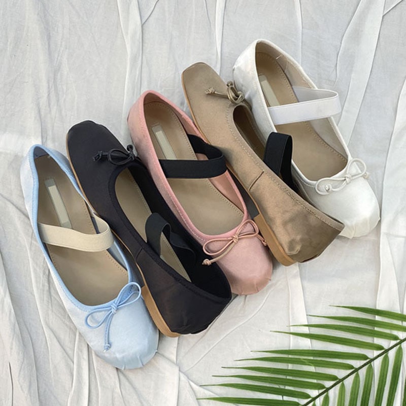 5color 女性らしい雰囲気の リボン付き 安定感のある甲ストラップ．甲バンディング付き ラウンドトゥ デイリー サテン バレエシューズ．フラットシューズ