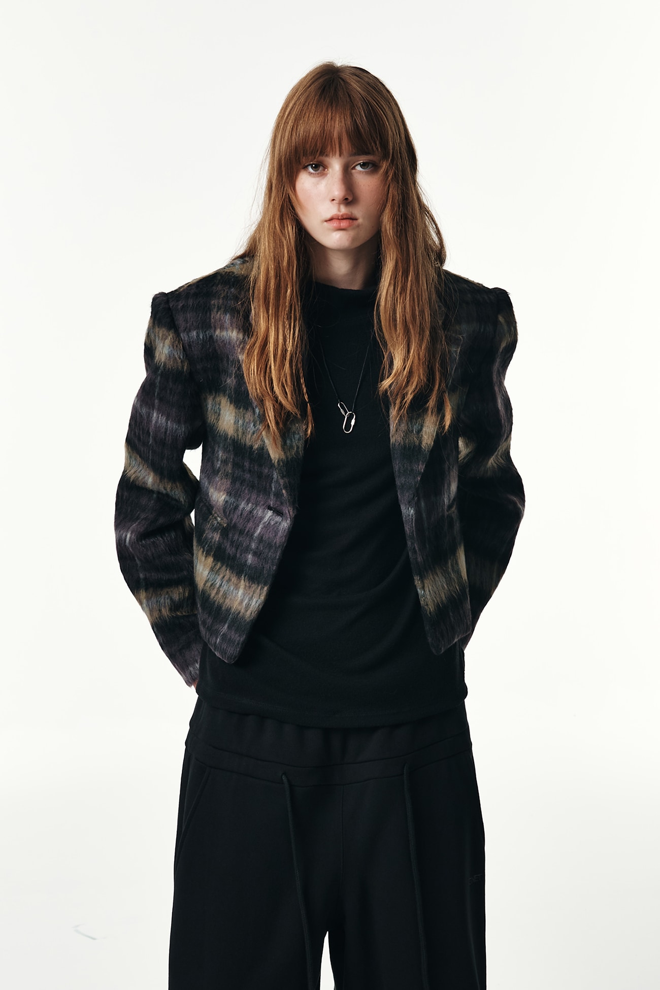 【DEINET】 HAIRY CHECK CROPPED JACKET : PURPLE