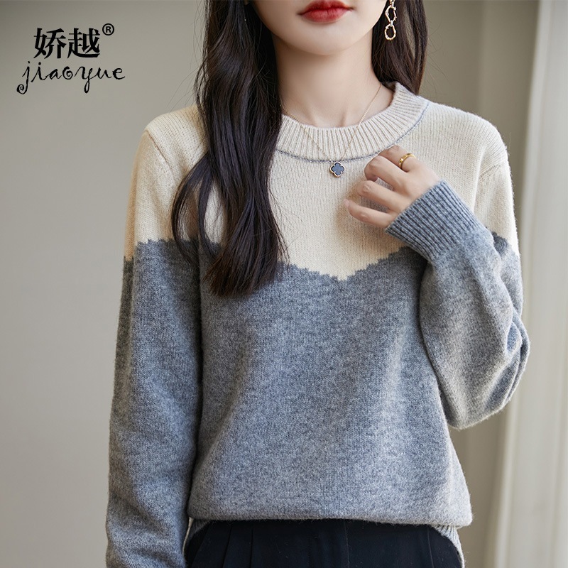 女性のラウンドネックウールセーターカラーブロックプルオーバーニットセーターウールルーズボトム長袖セーター
