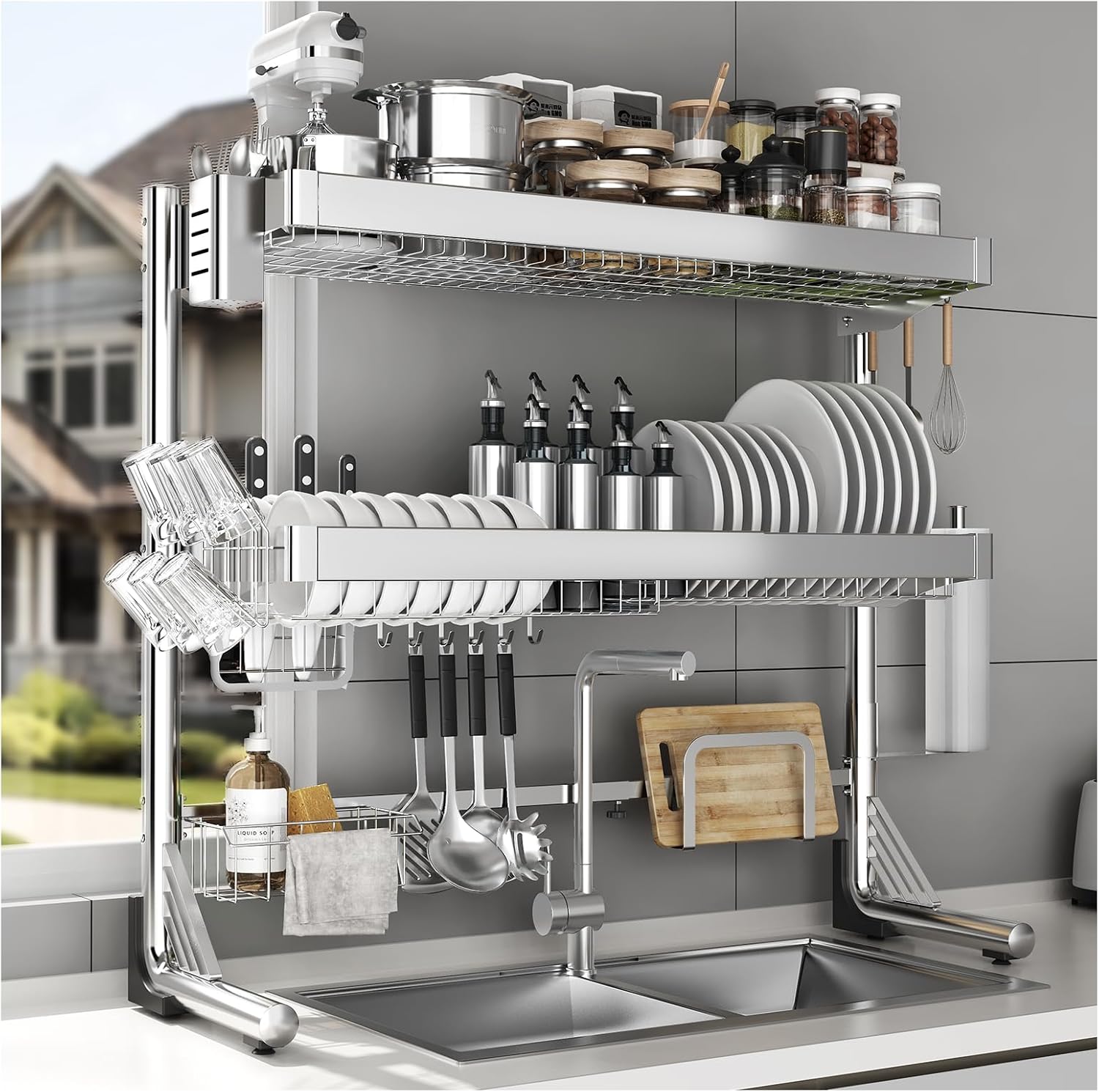 シンク上 3段式 ステンレス 伸缩式 長さ調節可能 強化型 省スペース 大容量 包丁まな板スタンド付き 高い安定性 組立簡単 自動排水 抗菌 日本語の説明書付き シルバー 水切りラック