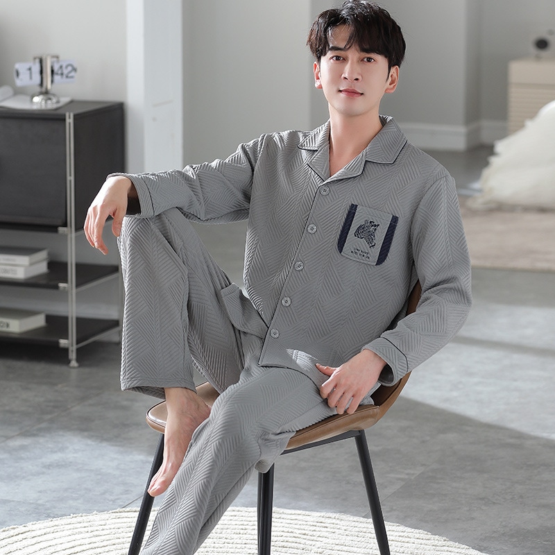 パジャマ メンズ 冬 もこもこ 暖かい 上下セット ナイトウェア 厚手 ルームウェア 長袖 大きいサイズパジャマ男春秋長袖空気綿サンドイッチ家居服冬の拡大コードセット