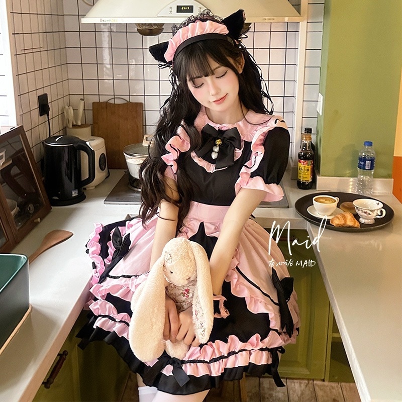 猫娘黒とピンクのメイド衣装コスプレ衣装ハロウィンロリータプラスサイズドレス