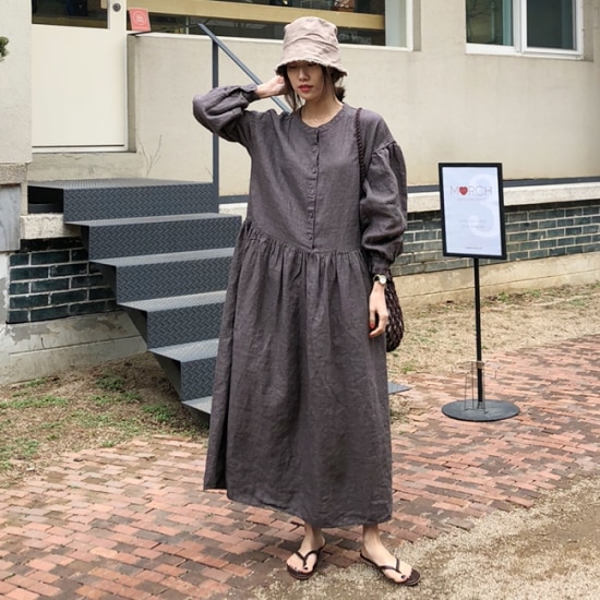 【取寄：納期2週間】ワンピース レディース 大きいサイズ 春 夏 無地 リネン ラウンドネック 丸首 ロング丈