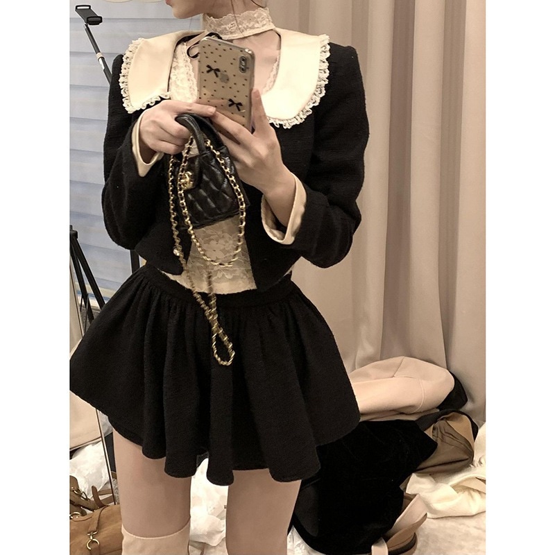 フレンチヘップバーン風レディース秋春セット：ピーターパンカラーカーディガンレーストップスハイウエストミニスカート（3点セット）