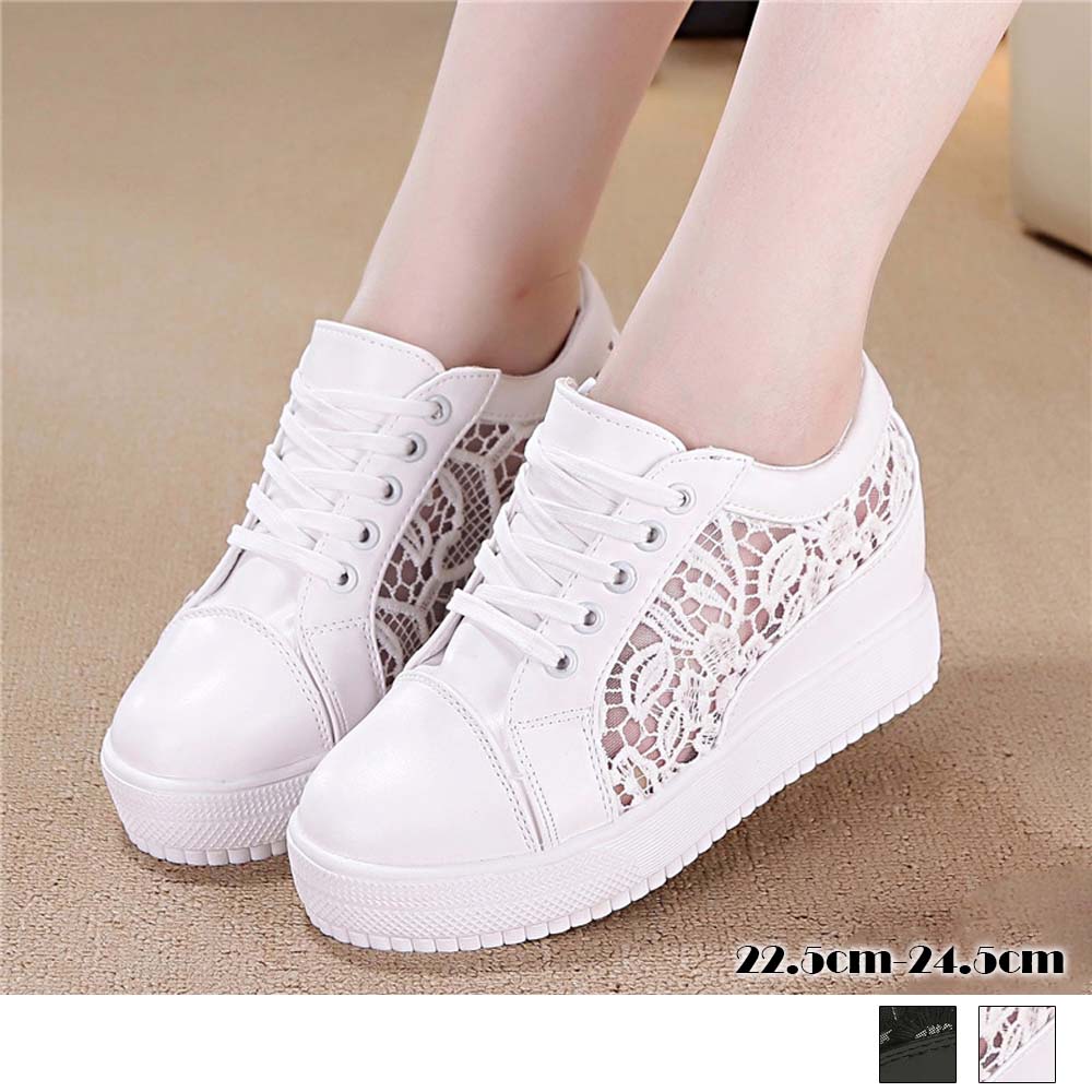 インヒールスニーカー レディース レースシースルー切り替え シューズ 厚底 靴