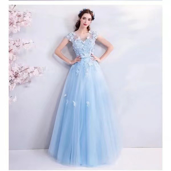 ブルードレス妖精花嫁結婚式ウェア2024夏宴会イブニングドレススタイル