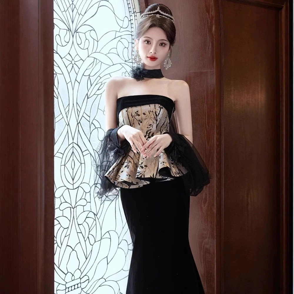 ブラックシニアバンケットドレス 2024ロングヘップバーンスタイルガウン 新しいスタイルのガウンドレス ウェディングドレス キャバドレス パーティードレス