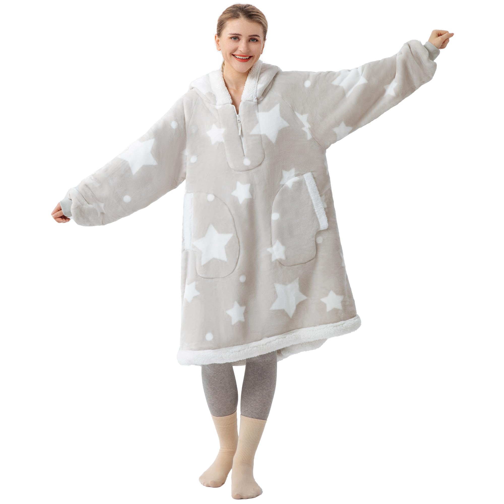 Winthome 極厚手着る毛布 ジッパー付き ゲーミング ルームウェア 二層生地 ボア付き 厚手 もこもこ パジャマ 部屋 ロング丈 オーバーサイズ ガウン メンズ レディース 節電 寒さ対策 冬