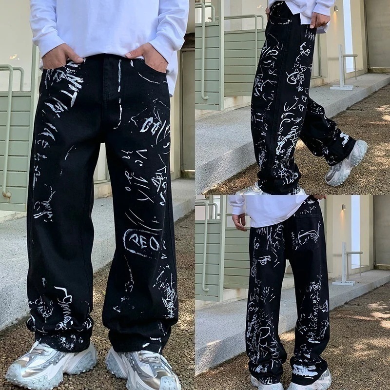ジーンズ トレンドグラフィティ ジーンズ メンズ 春 百掛け ワイドパンツ カジュアル ストレート ルーズ ズボン 韩国ファッション
