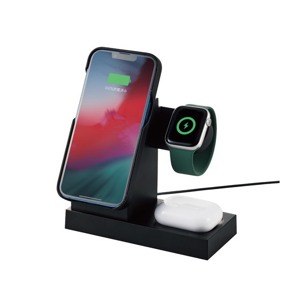 W-MS06BK ワイヤレス充電器 7.5W+5W マグネット式 スタンド アップルウォッチ充電器はめ込み可 同時充電可 ブラック メーカー直送