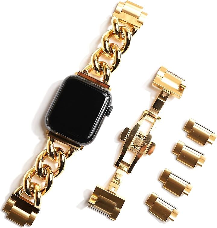 AppleWatch用 チャンキー チェーンベルト シルバー/ステンレス 工具不要 バタフライバックル 44mm 45mm(ゴールド, 44mm 45mm 46mm 49mm)