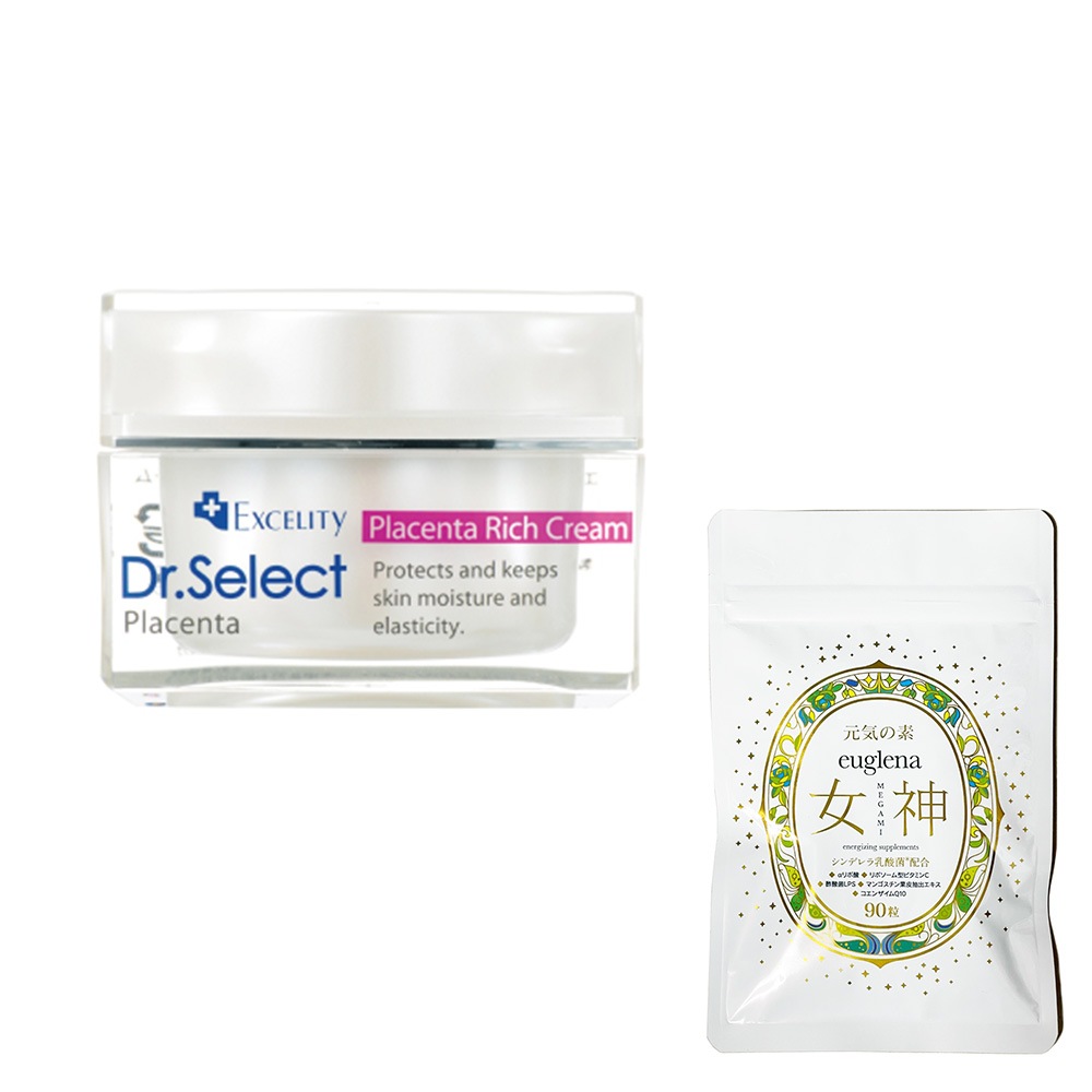 お得セットユーグレナ女神90粒＋Dr.Select プラセンタ　リッチクリーム 30g 馬油 配合