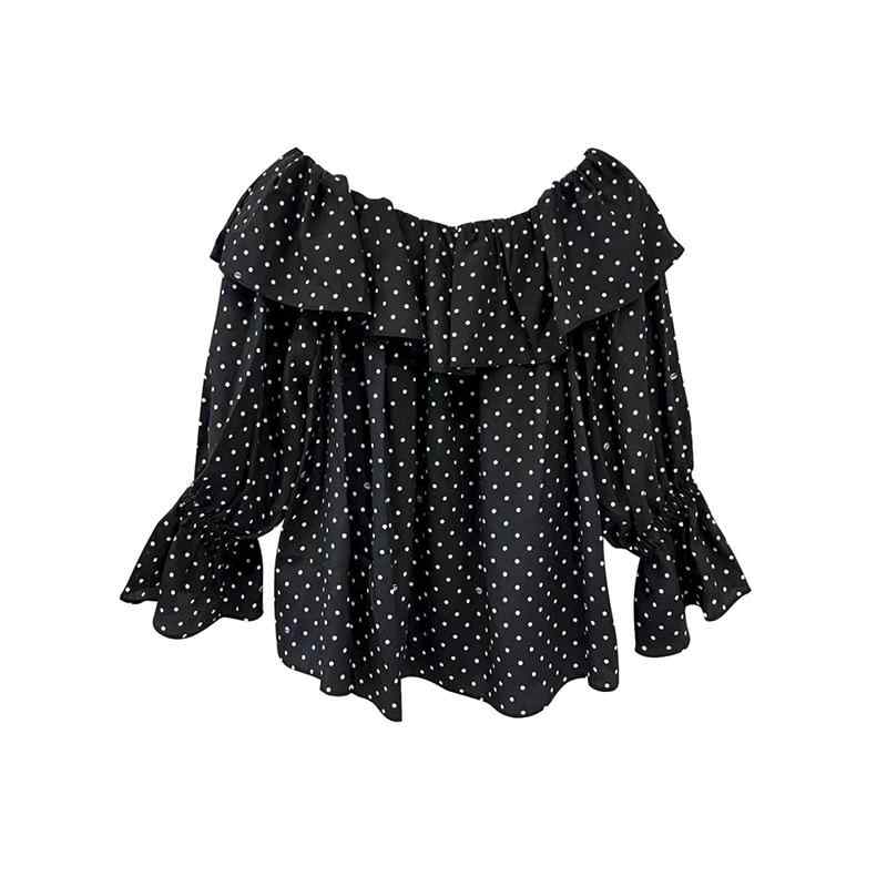 オフショルダー トップス かわいい 伸縮性 フリル クラシック キャンディースリーブ 白 黒 ドット シフォン シャツ カジュアル 普段使い レジャー