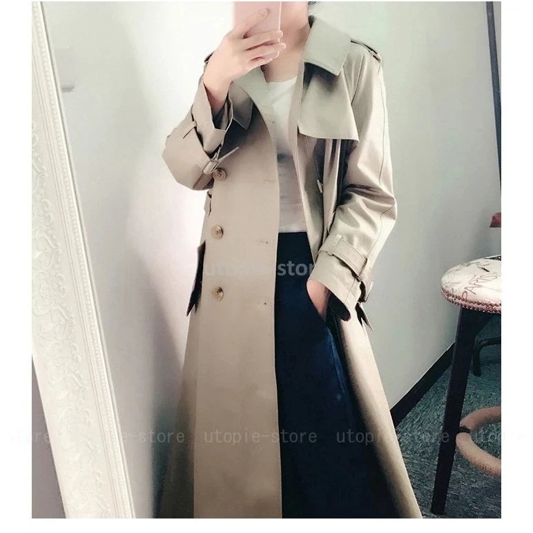 トレンチコートレディース秋冬作スプリングコートロング丈トレンチコートカーキ定番色韓国