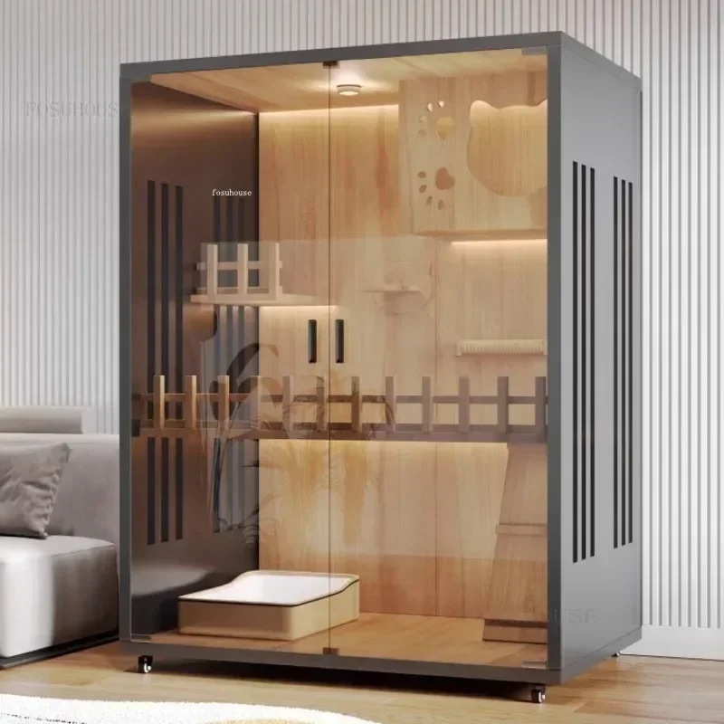 モダンな木製の猫のヴィラケージ 快適なペットグリッターハウス 広いスペース 無垢材のキャビネット 屋内用