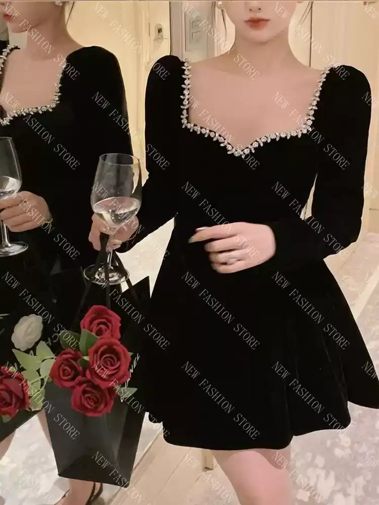 スクエアネックワンピース女性の秋冬フレンチスカート-94