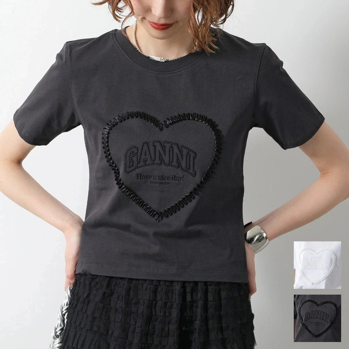 GANNI ガニー 半袖 Tシャツ Heavy Cotton Heart Small T-Shirt T4150 T4178 レディース ロゴT ハート カット
