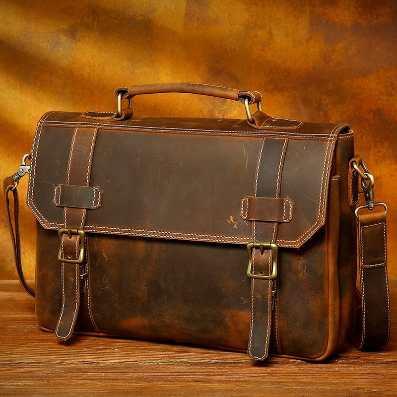 スロータイム男士商務本革手提げ包頭層牛革鞄横款単肩鞄狂った馬皮コンピュータ鞄