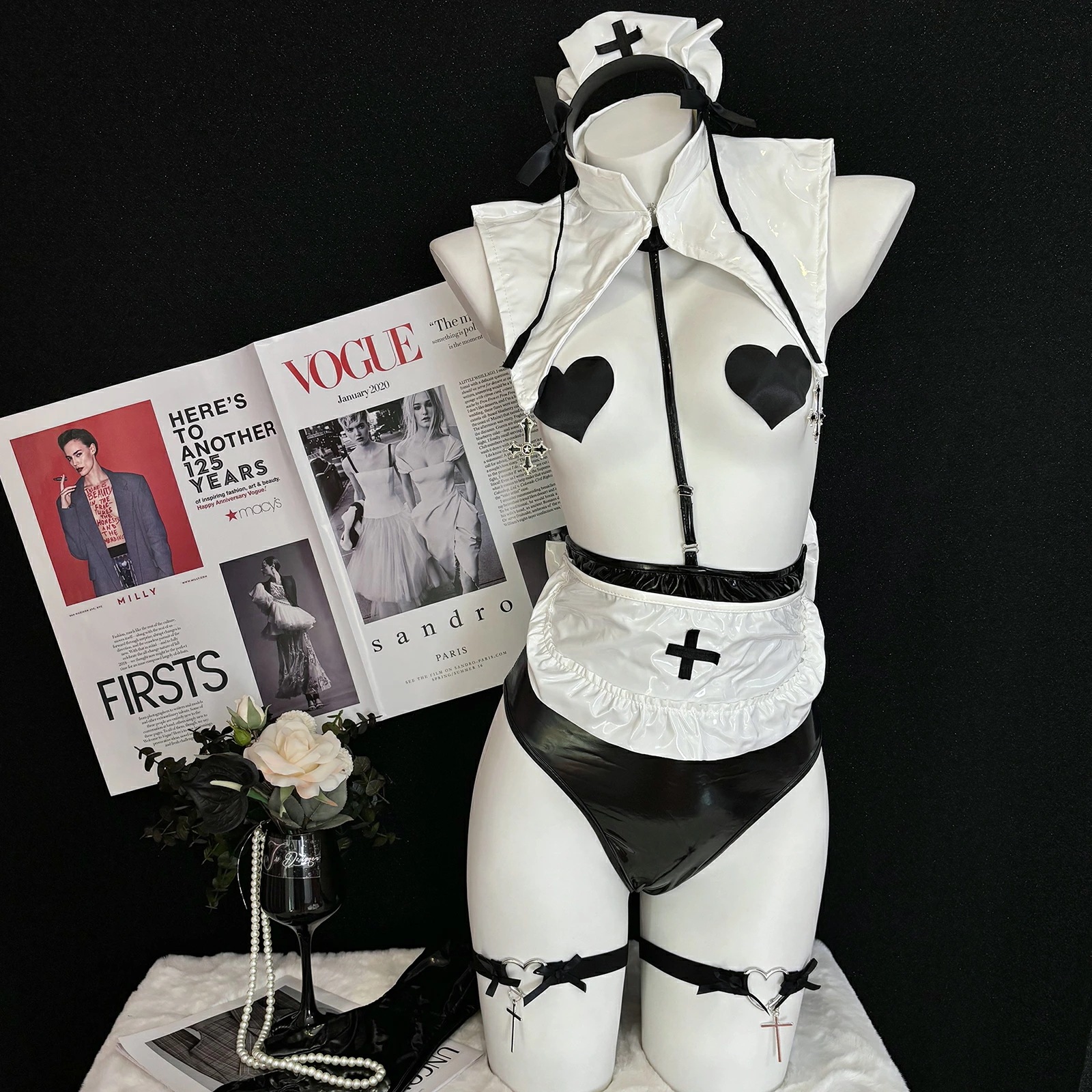 【即納】 コスプレ セクシー シスター 修道女 コスチューム ランジェリー 聖女 十字架かわいい ランジェリー ハロウィン ブラック レディース カチューシャ トップス　レオタード 手袋 レッグリング