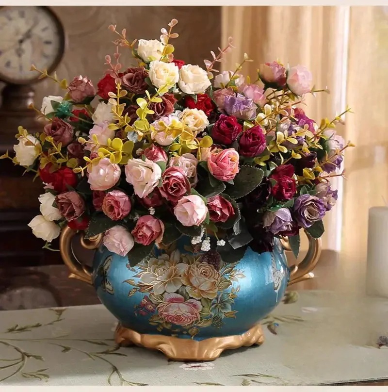 花瓶 フラワーベース フラワーポット ヨーロピアンスタイル レトロ セラミック 花瓶 ブルー ゴールド 高級感 エレガント お洒落 インテリア 4-7
