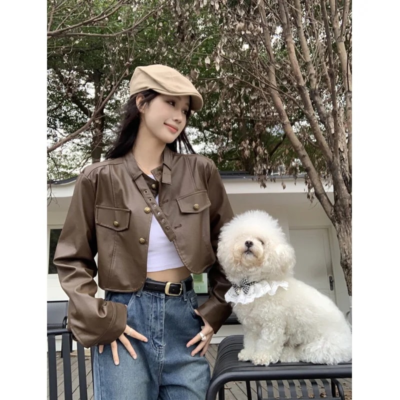 スタンドカラーレザージャケットレディース2023秋新作デザインニッチブレストルーズホットガールシック長袖トップス 5,108円