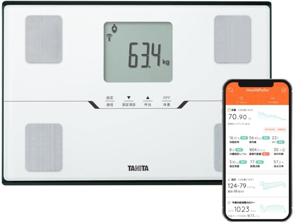タニタ Tanita 体重 体組成計 スマホ連動 ヘルスメーター BC-768 ホワイト 体脂肪率/内臓脂肪レベル/筋肉量/基礎代謝量/体内年齢/推定骨量/BMI/スマホ連動/乗るピタ