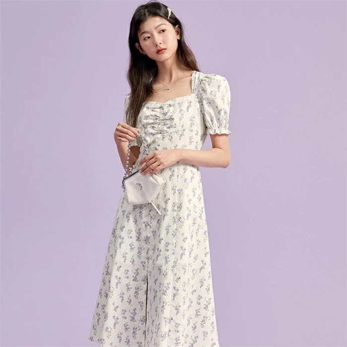 シフォンワンピース ワンピース 夏 レディース ロングワンピース 半袖 紫 きれいめ 体型カバー 夏 マタ二ティ ワンピース 花柄 ロング 着痩せ 可愛い Aライン 春夏 旅行 海 20代 30代