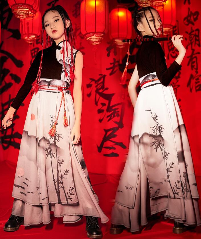 女の子ダンス衣装 漢風 演出服 子供 ジャズ ヒップホップ 個性 漢元素ダンス衣装 キッズ コスプレ衣装 ハロウィン 学園祭 文化祭 ダンスウェア 中華風 水墨画 ステージ衣装 3点セット