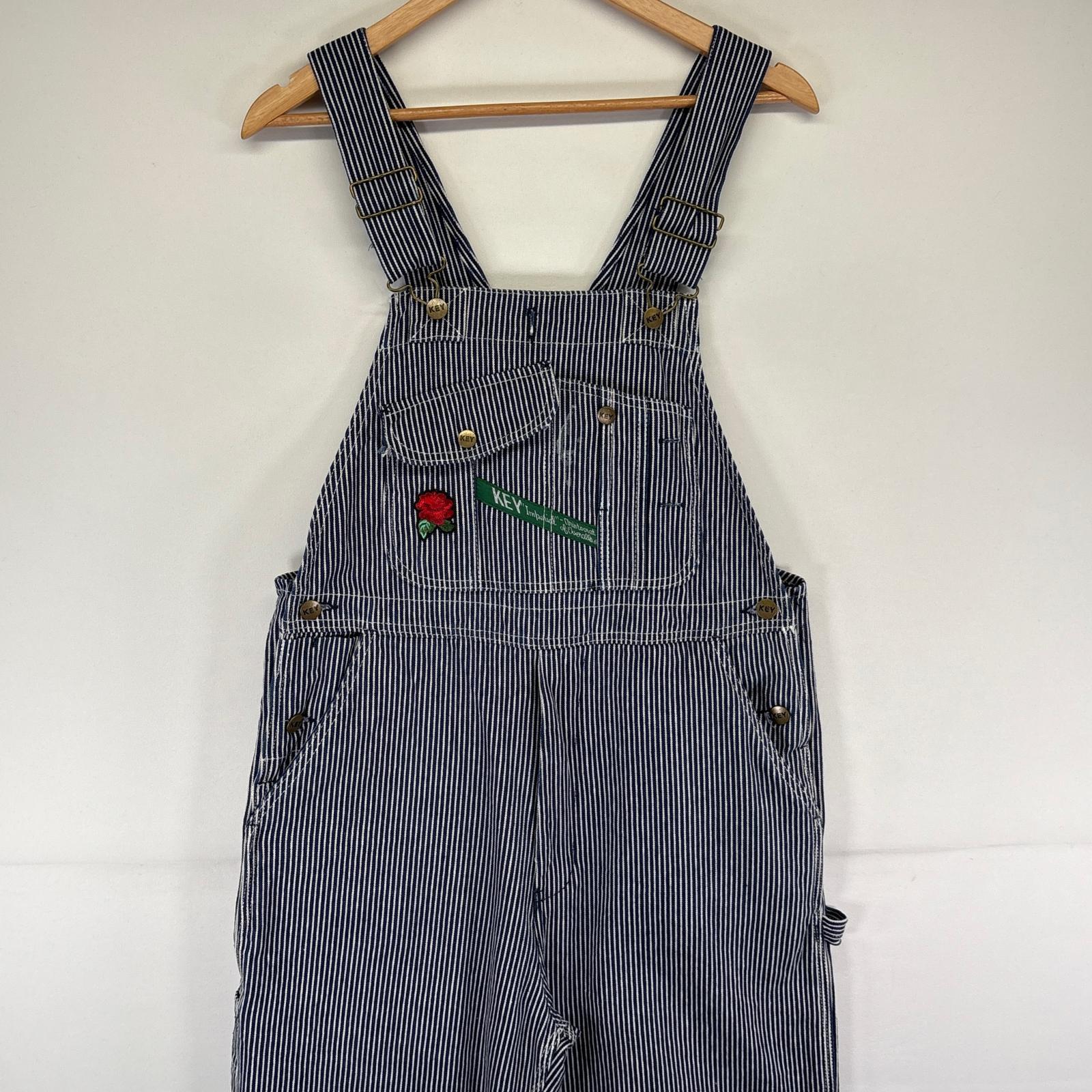 古着 キー KEY オーバーオール デニム ヒッコリー ワンポイントロゴ ワーク ストライプ w34 L29 ブルー系 メンズ