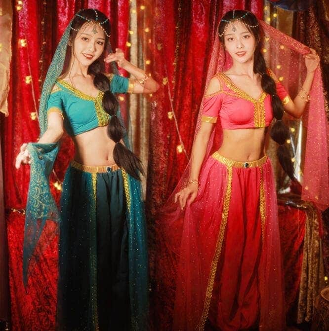 【急速出荷!】アラビアン 衣装4点セット レディース 大人 アラジン ジャスミン風 舞台衣装 ステージ衣装 ハロウィン アラジン プリンセス 全身コスム お姫様 コスプレ衣装 半袖 ショート丈トップス