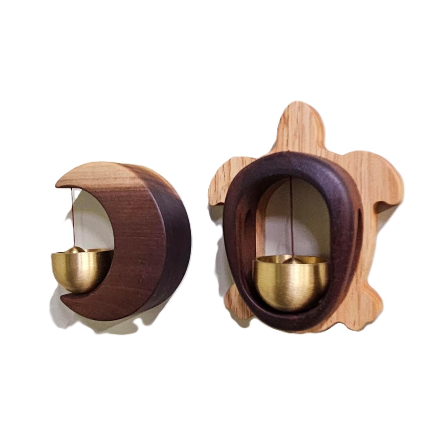 手作り木製 ドアベル 幸運の月＆亀, ベージュ ＆ ウォールナットブラウン