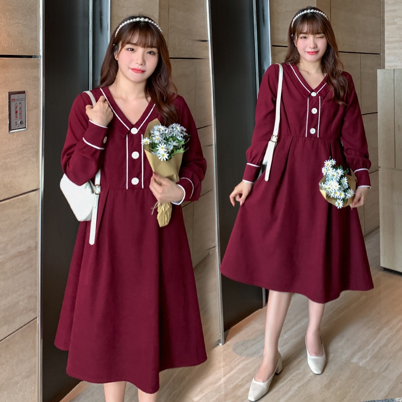 6L 4L 韓国ファッション ワンピース 秋冬 大きいサイズ マタニティ 体型カバー ゆったり 通勤 着痩せ 30代 40代 50代 60代大きいサイズの修身はやせていますvネックのワンピースを隠