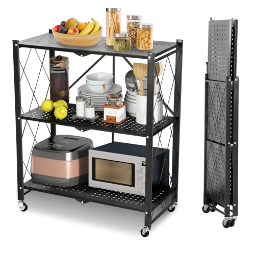 折り畳みラック 3段 置物架 折りたたみラック 72*38*86cm 棚ラック メタルラック スチールラック オープンシェルフ キッチンラック 組立簡単 キャスター付き