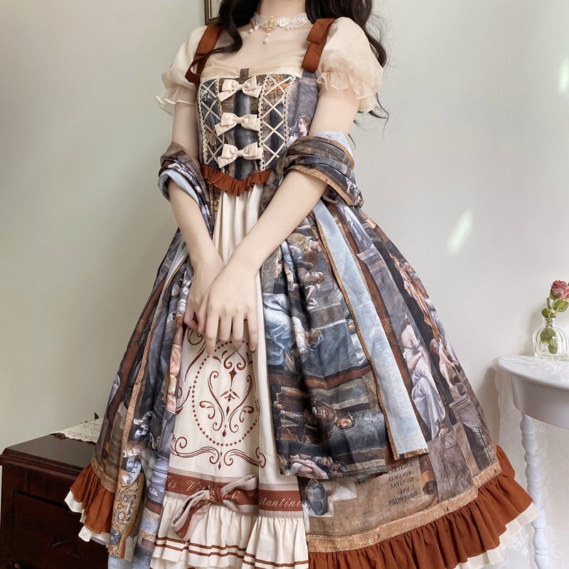 油絵の優雅な襟開きスカートのワンピース ロリータワンピース