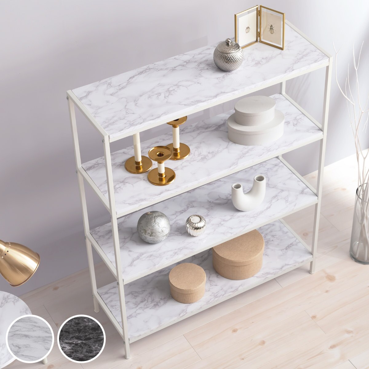 オープンラック 4段 大理石調天板 スチールフレーム 幅90cm シェルフ ラック 棚 収納 ディスプレイラック 飾り棚 オープンシェルフ フリーラック 大理石柄 おしゃれ