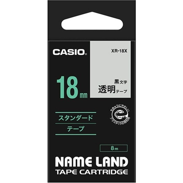（まとめ） カシオ CASIO ネームランド NAME LAND スタンダードテープ 18mm×8m 透明／黒文字 XR-18X 1個 (×4セット)