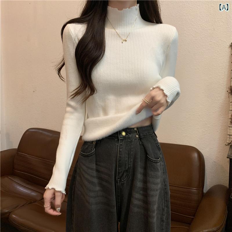 レディース ファッション トップス 女性用 裏地 ファー 裏地 暖かい 長袖 ボトム セーター エッジ ハーフ タートルネック インナー セーター